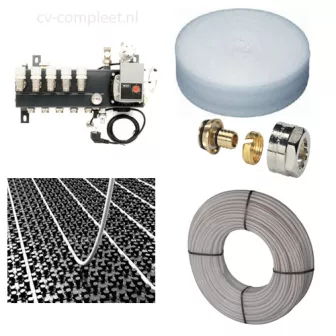 CV-Compleet Vloerverwarming Set Voor 35 - 46 M2 - Compact Verdeler 4 Groepen - Compleet Geleverd Met Noppenplaat